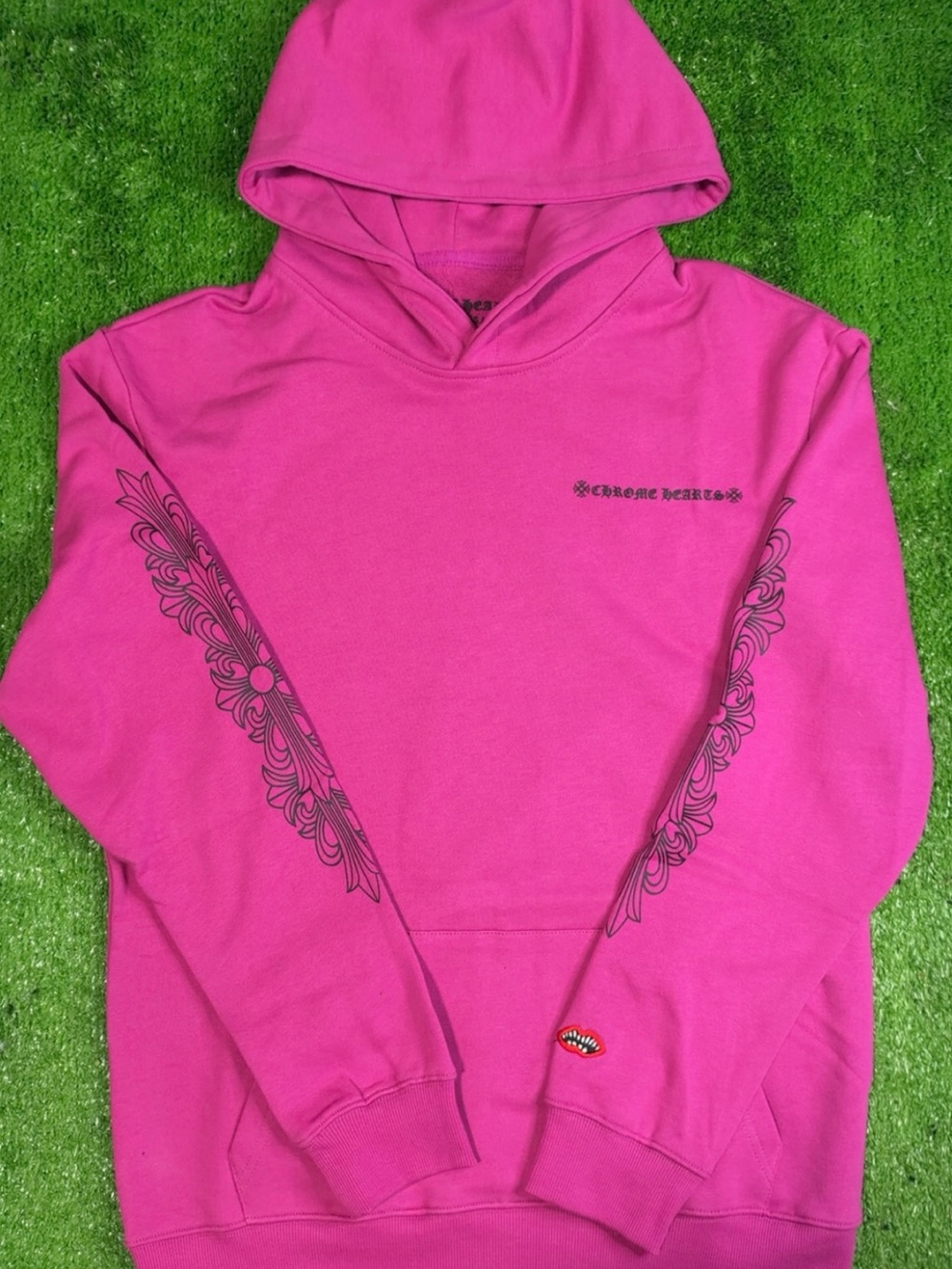 Chrome Hearts Magenta Crewneck Hoodie with Floral Sleeve Graphics